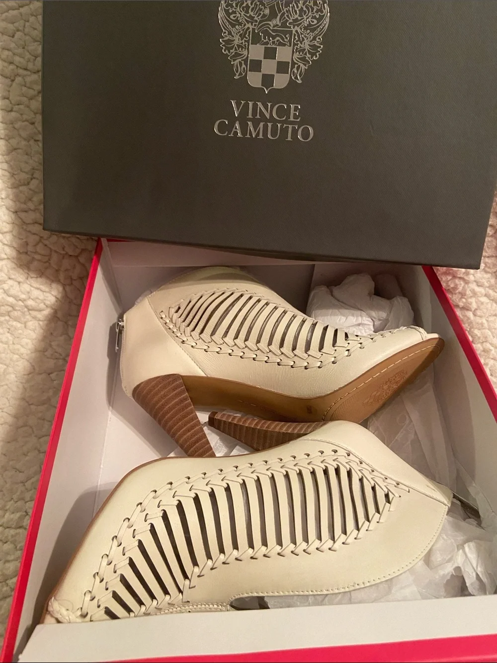 Vince Camuto Warm White Woven Peep-Toe Heel Booties - Neutral Leather